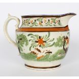 A late 18th Century pearlware jug, crisply moulded with huntsman and hounds pursuing a fox,