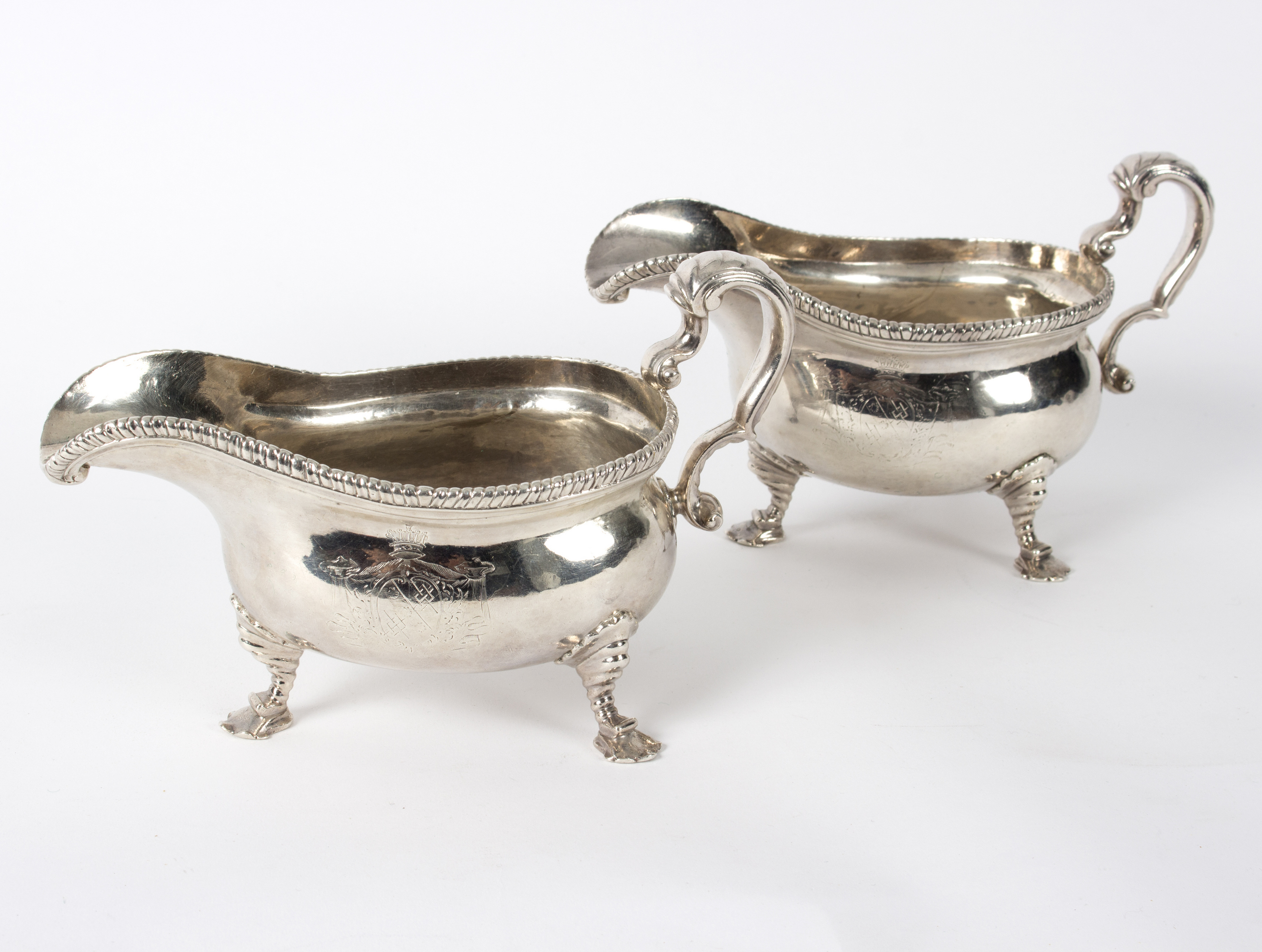 A pair of George II silver sauce boats, maker's mark rubbed, London 1754, each with gadrooned rim, - Image 3 of 10