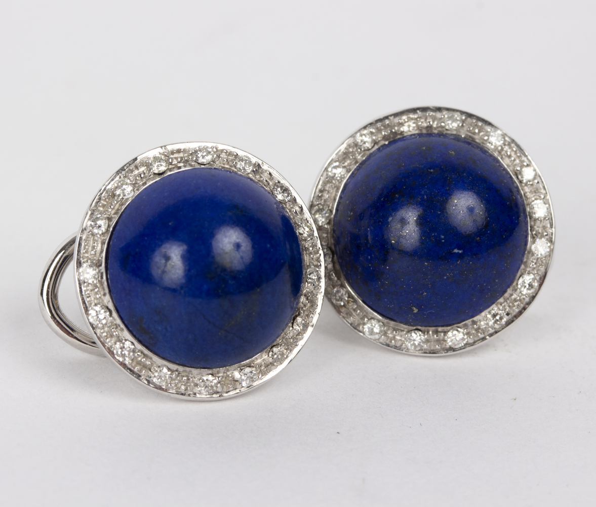 A pair of lapis and diamond ear clips of cluster form, - Image 2 of 3