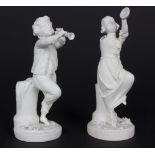 A pair of Derby biscuit figures, circa 1820, of musicians, the girl with cymbals,