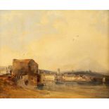 Attributed to James Holland/Italian Lake Town Scene/with hills in the distance/oil on board,