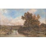 19th Century English School/Figure on a Bridge and Figure beside a Stream/oil on board,