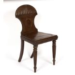 A Regency mahogany hall chair Condition Report: Very dull, seat split,