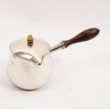An early 19th Century Sheffield plate lidded brandy warmer with turned wood handle,