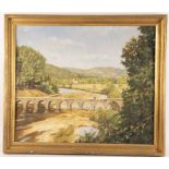20th Century Continental School/River Landscape/bridge in the foreground/oil on canvas,