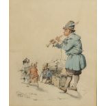 19th Century Continental School/The Piper with his Performing Dogs/indistinctly signed/pencil and