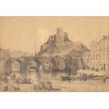 John Callow (British 1822-1875)/Continental Town with Bridge and Castle/pencil drawing, 18.5cm x 26.