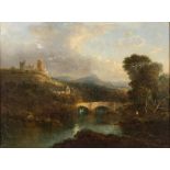 Early 19th Century Continental School/River Landscape/bridge and distant village with ruins on a