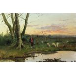 William Dommerson (British 1850-1927)/Shepherd and Sheep/by the water's edge at sunset/signed