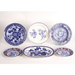 A Spode India pattern meat plate and two small clobbered plates,