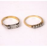 A diamond five-stone diamond ring set in 18ct yellow gold, size M and a three-stone diamond ring,