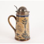 A Doulton Lambeth stoneware tankard, with hinged plated lid,