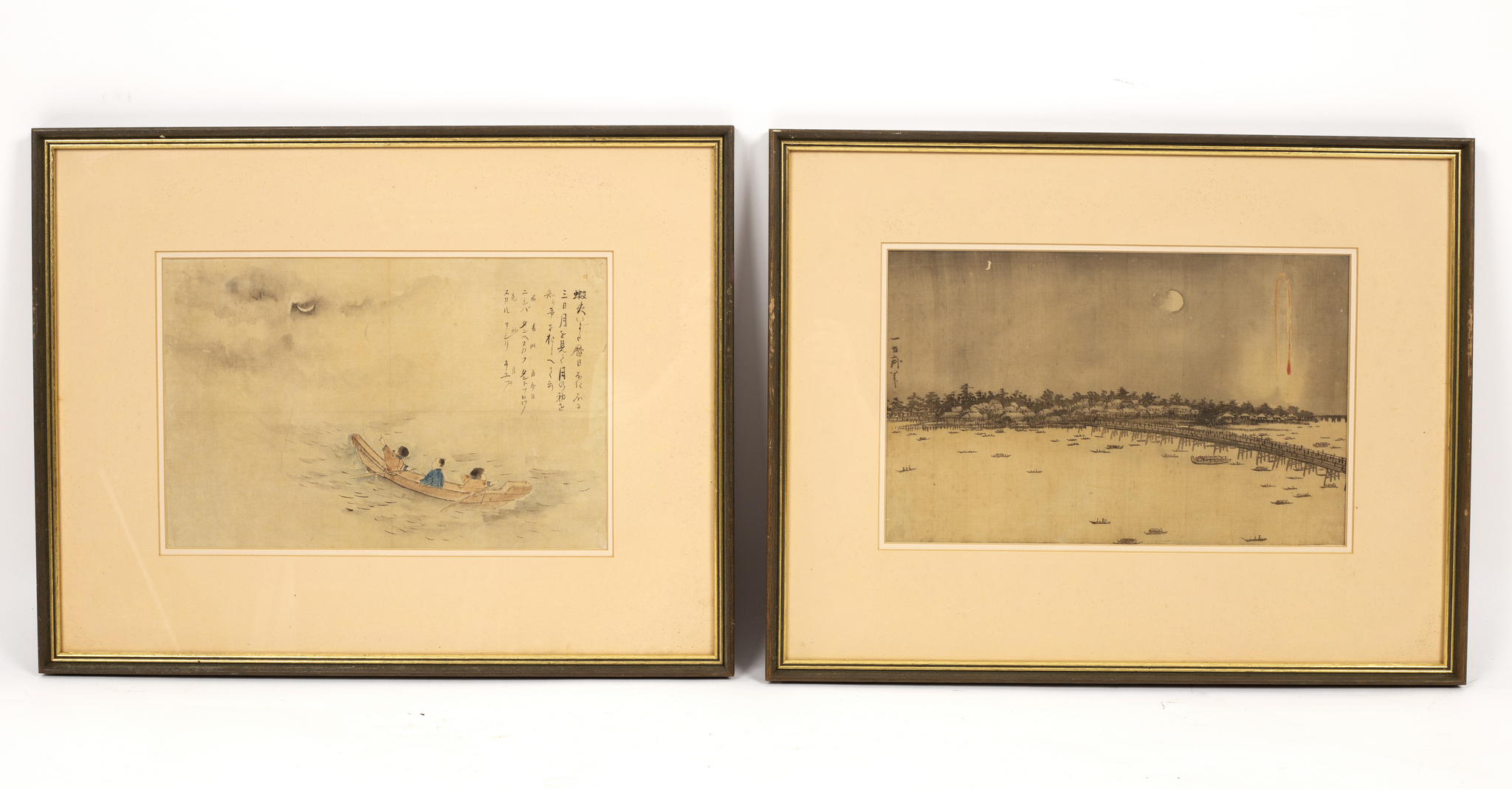 Late 19th Century Japanese School/Three Men in a Boat/one pointing at the moon/pen and ink wash, 21.