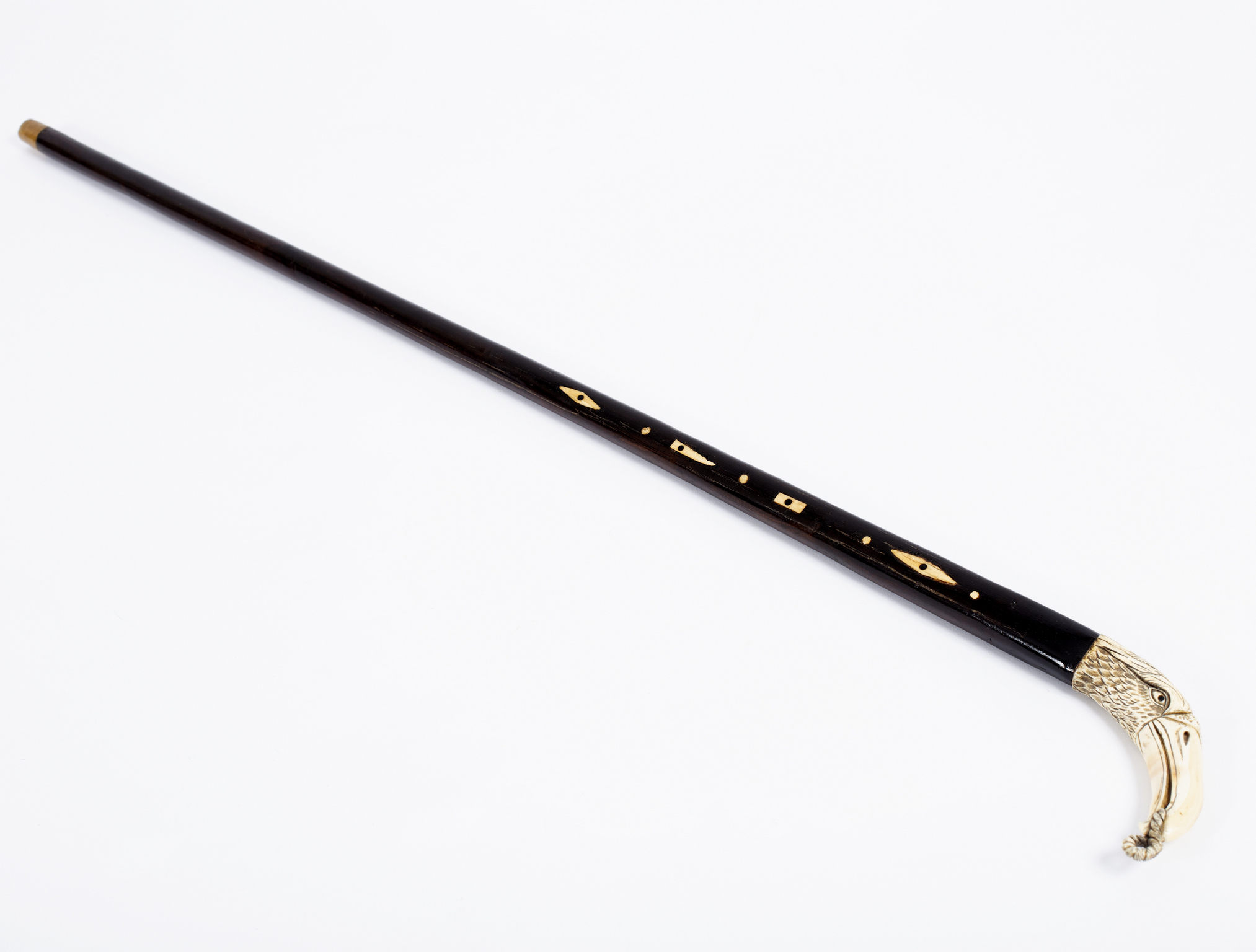 A Indian ebony walking stick inlaid bone,