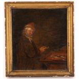 After David Teniers/Interior Scene/figure seated at a table with a plate of fish/oil on board,