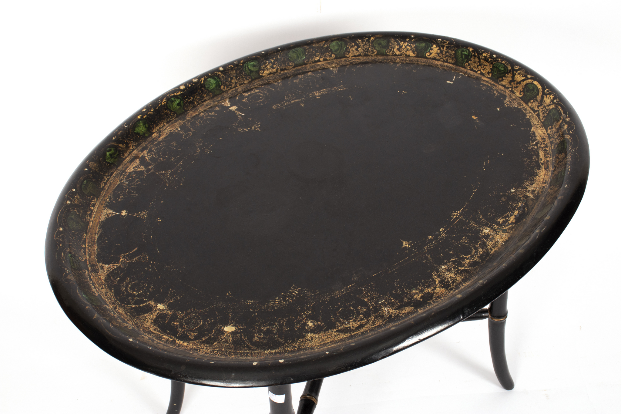 An oval papier-mâché tray, mounted as a table on faux bamboo legs, - Image 2 of 2