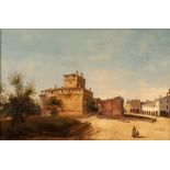 20th Century Italian School/Italian Street Scene/with castle and a mother and child in the