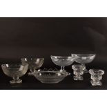 A pair of 19th Century cut glass comports of boat shape on diamond shaped feet,