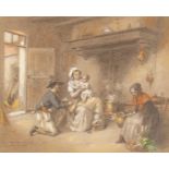 Leon Caille (1836-1907)/Figures Beside a Fire in a Kitchen Interior/signed/watercolour,