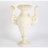 A twin-handled alabaster urn with flanged top on a circular base,
