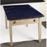 A Victorian painted pine kitchen table with later blue and gold laminate top,