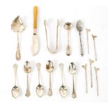 Six silver teaspoons, FH, Sheffield 1962, with trifid finial, other silver spoons,