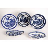 A Thomas Wolfe Two Man Willow pattern tureen stand, two Boy and Buffalo pattern soup plates,