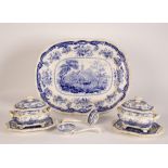 A Minton Chinese Marine pattern meat plate and pair of sauce tureens, covers, stands and ladles,
