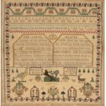 A George III needlework sampler worked by Elizabeth Hacket 1807, with woodland animals, figures,