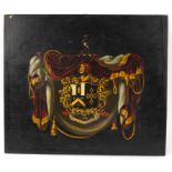 A 19th Century painted coach panel, the central armorial with crest and motto Scio Cui Credidi,