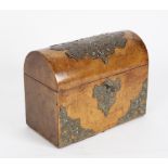 A Victorian walnut brass bound stationery box with dome cover,