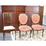 A pair of French balloon back chairs, an Edwardian Sheraton style side chair,