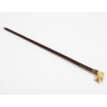 A rosewood walking stick with gilt copper collar and carved ivory bull mastiff handle/see
