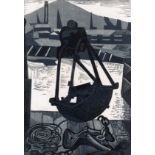 Arthur Charlton (British 1917-2007)/The Grab: Swansea Docks and Kilvey Hill/monochrome linocut,