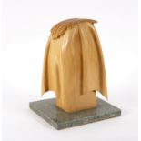 A modern carved wooden sculpture depicting gloves resting on a plinth, unsigned,