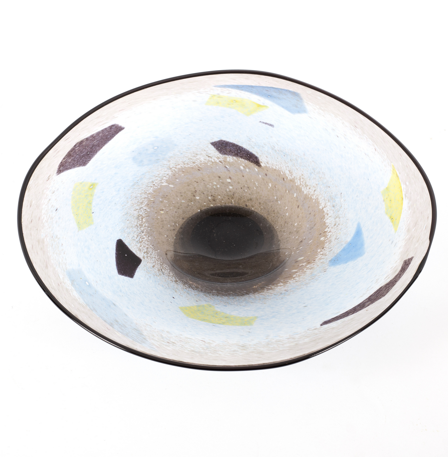 Cowdy Glass, a footed glass dish with coloured geometric shapes to a clear ground, signed to base,