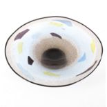 Cowdy Glass, a footed glass dish with coloured geometric shapes to a clear ground, signed to base,