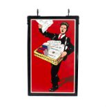 A double-sided WHSmith advertising sign, depicting “The Newsboy”, with wrought iron bracket,