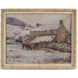 Donald Floyd (British 1892-1965)/Cattle by Farmhouse in Snow/oil on canvas,