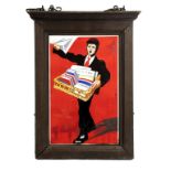A large double-sided enamel WHSmith sign, depicting “The Newsboy”, framed and with hanging chain,