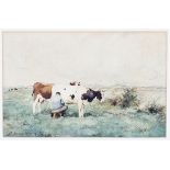 A J Groenewegen (Dutch 1874-1963)/Farmer Milking Cows by a River/signed/watercolour,