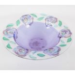 A studio glass dish, decoration of purple roses and green leaves, initialled CS,