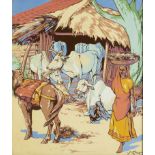 Kay Nixon (British 1895-1988)/Indian Scene/girl with basket by a cattle shed/signed lower