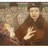 20th Century Russian School/Woman and Soldier by Chainlink Fence/oil on board, 54.