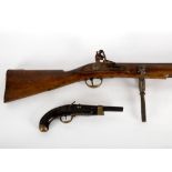 A flintlock blunderbuss with steel barrel and walnut stock and a damaged percussion cap pistol