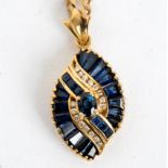 A sapphire and diamond pendant of stylised leaf-shape,