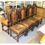 Eight Carolean style dining chairs with carved padded backs,