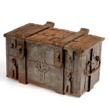 A wrought iron strong box, rectangular with strapwork design,