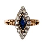 A sapphire and diamond cluster ring of marquise shape,