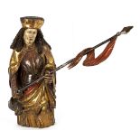 A 17th Century German carved limewood figure of St Florian with water bottle and later staff,